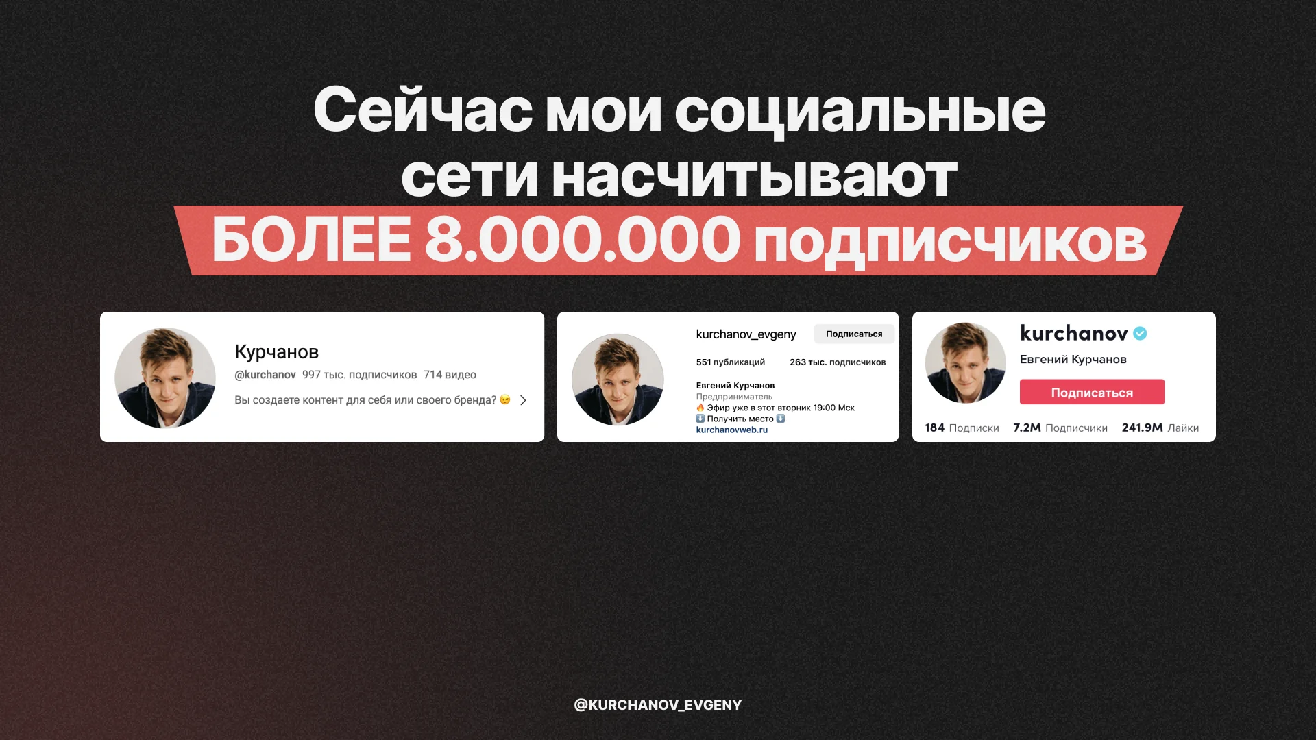 Dark webinar slide showing more than eight million followers across Evgeny Kurchanov's platforms