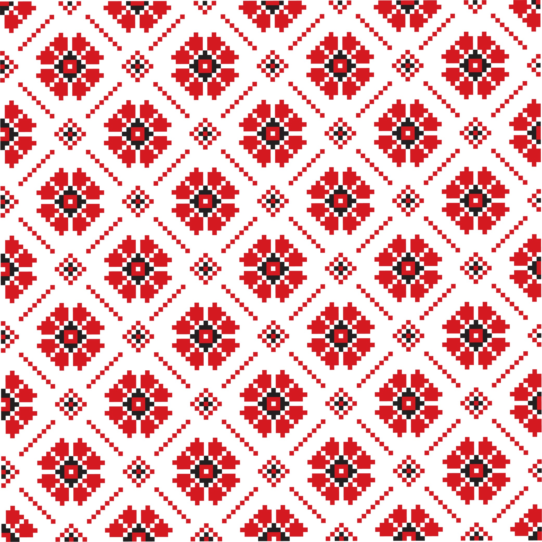 Red geometric folk pattern on black with repeating diamond and floral motifs
