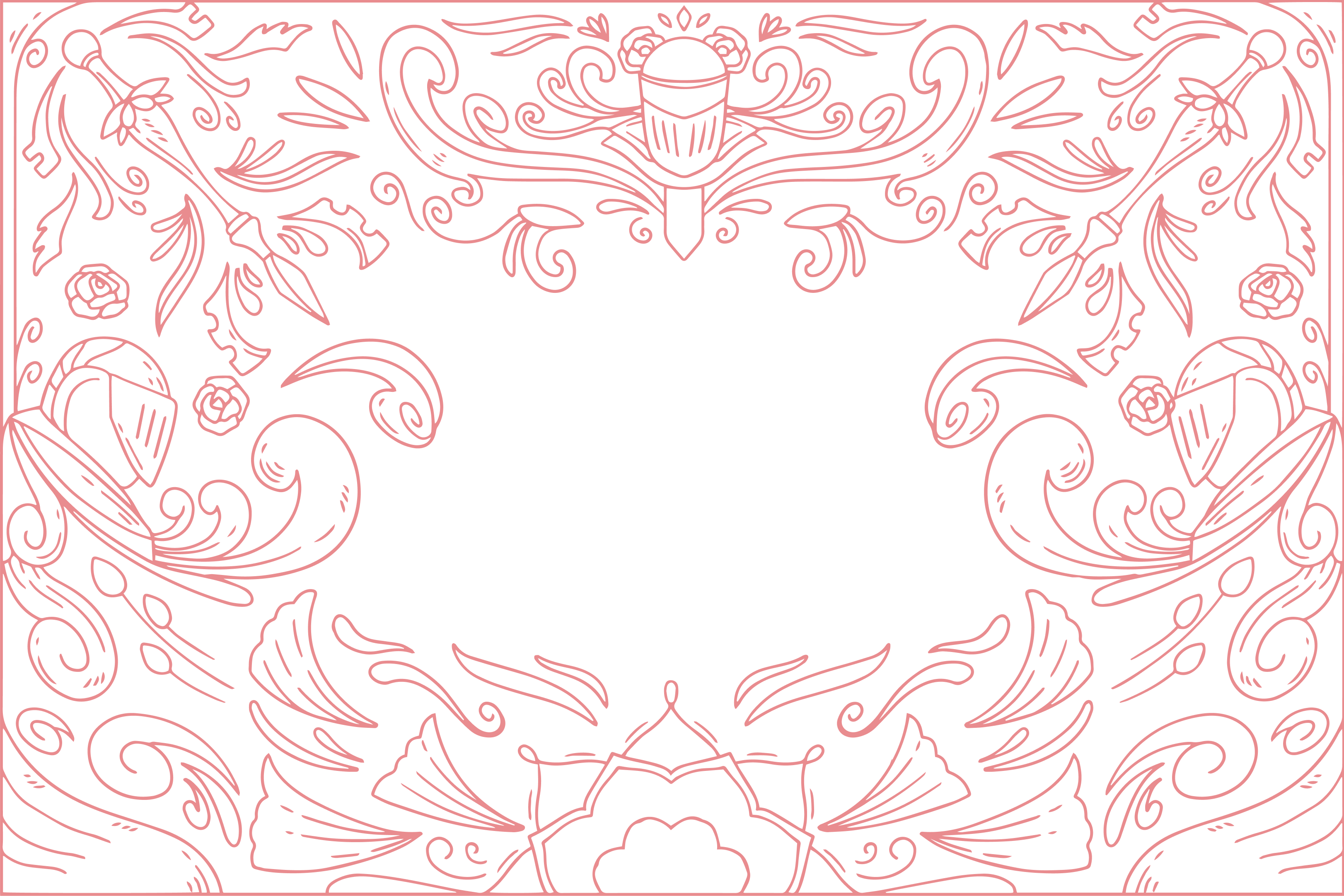 Red folk-inspired ornamental border on black, with curling leaves and floral details