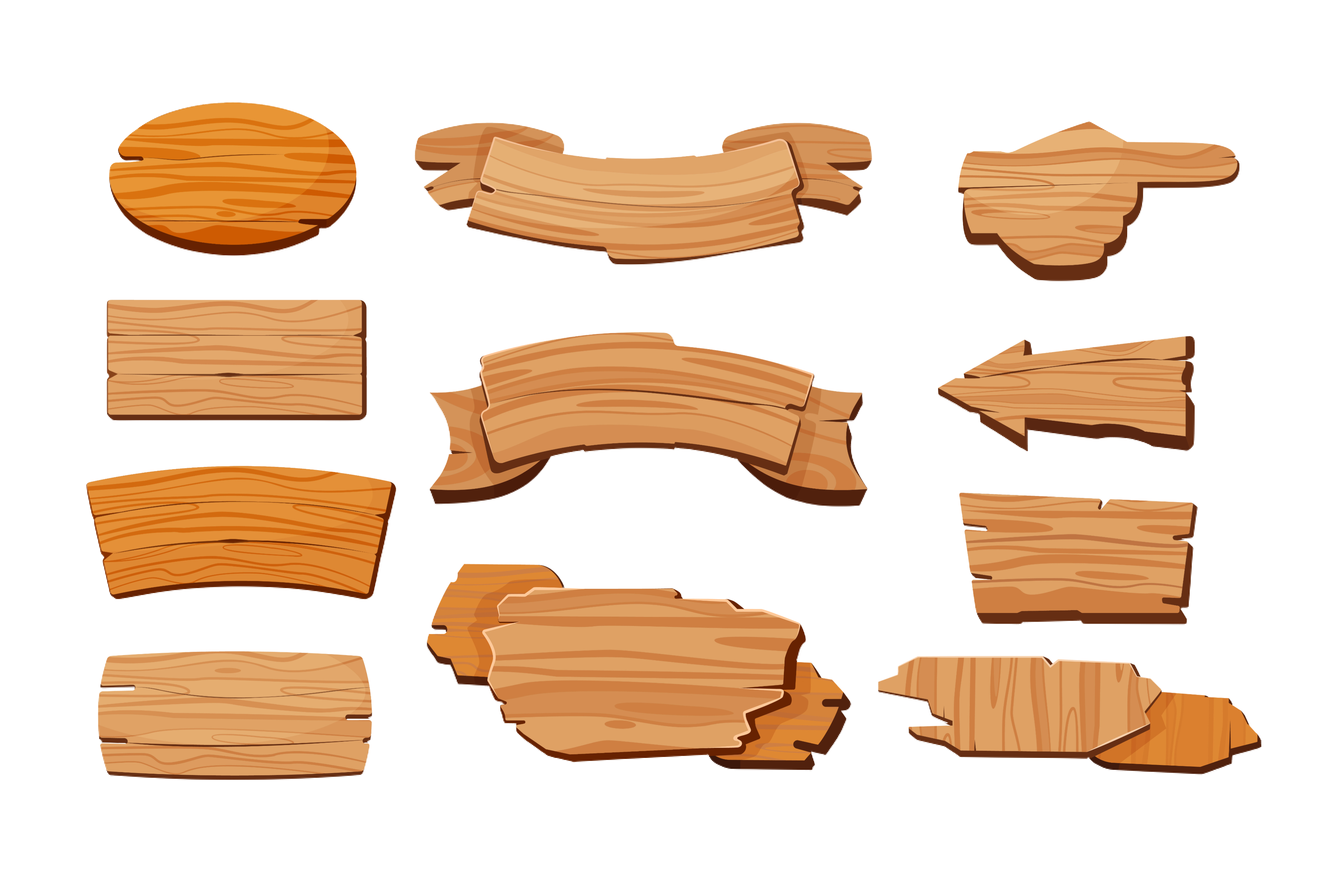A collection of illustrated wooden signs, banners and pointing arrows used as village-themed graphic elements