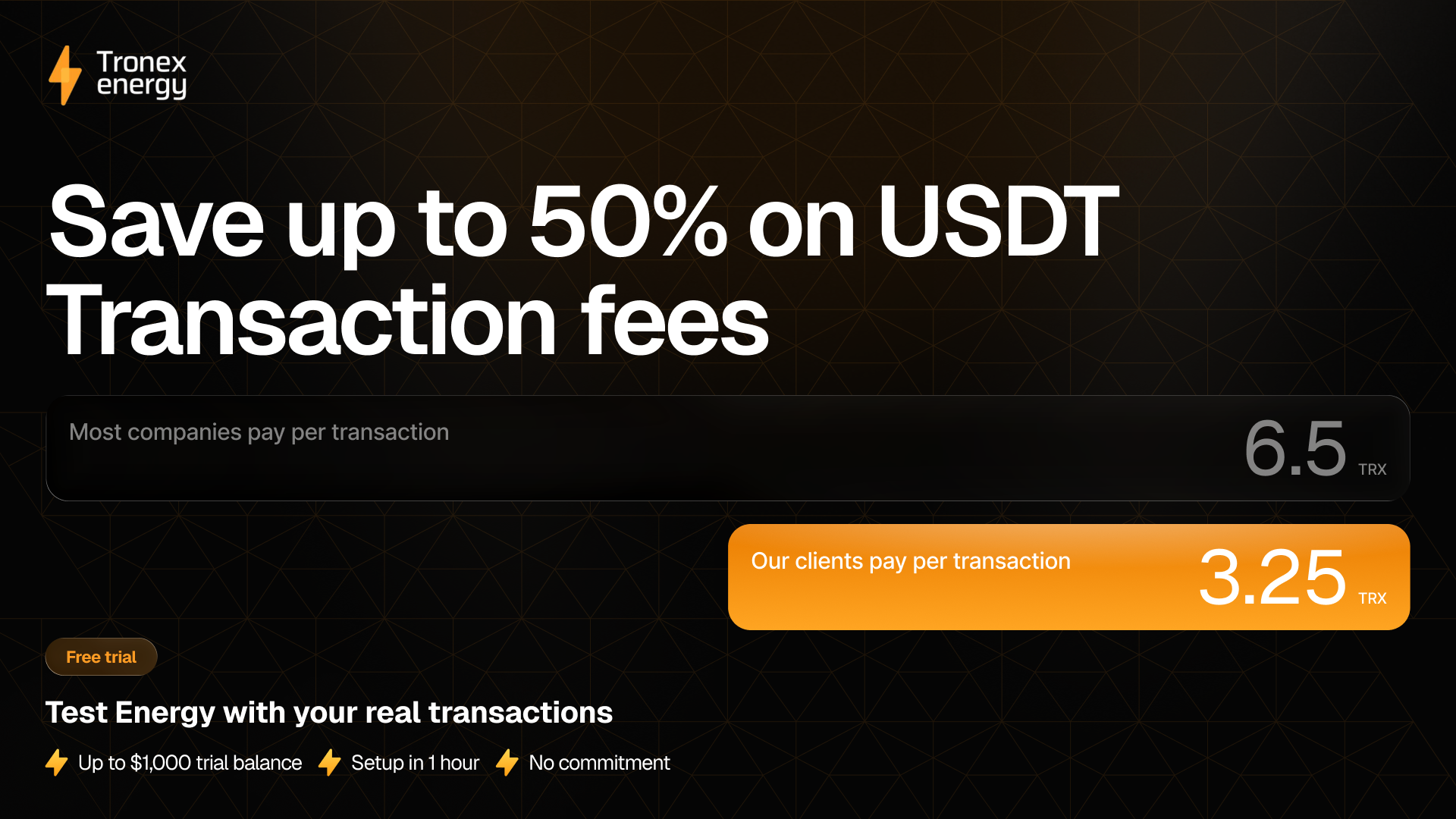 Tronex Energy sales presentation slide with a clear fee proposition and pricing comparison