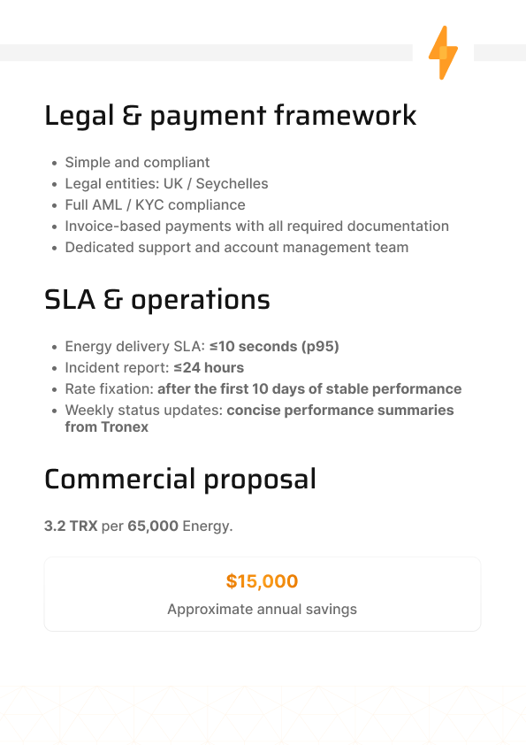 Client proposal page laying out legal, operational and commercial terms